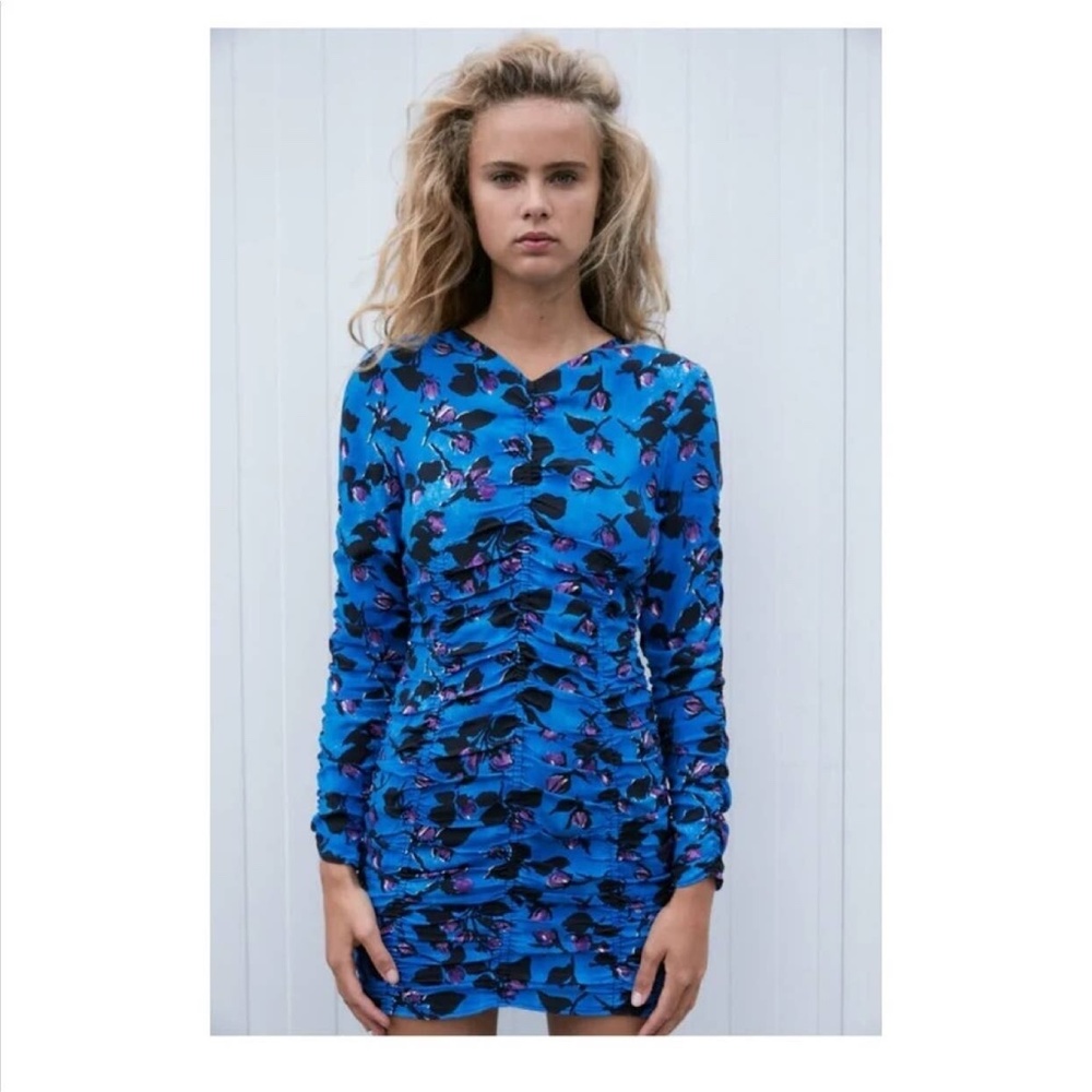 Zara Draped Blue Floral Ruched mini dress - Picture 1 of 9